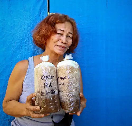 Socialised housing resident Nolimae grows mushrooms as a vital source of income for her family